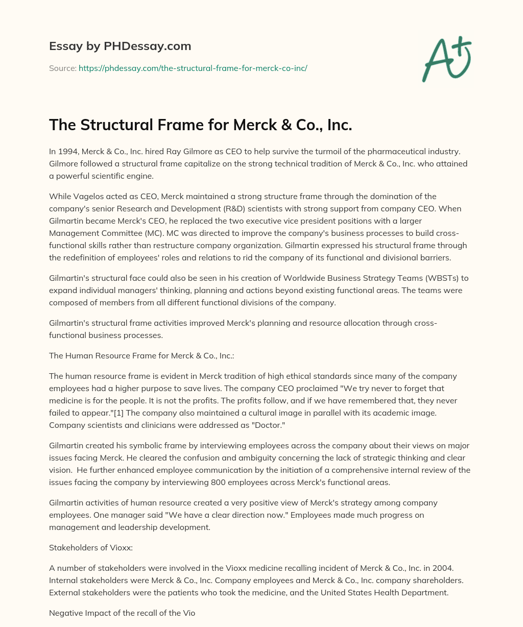 The Structural Frame for Merck & Co., Inc. essay