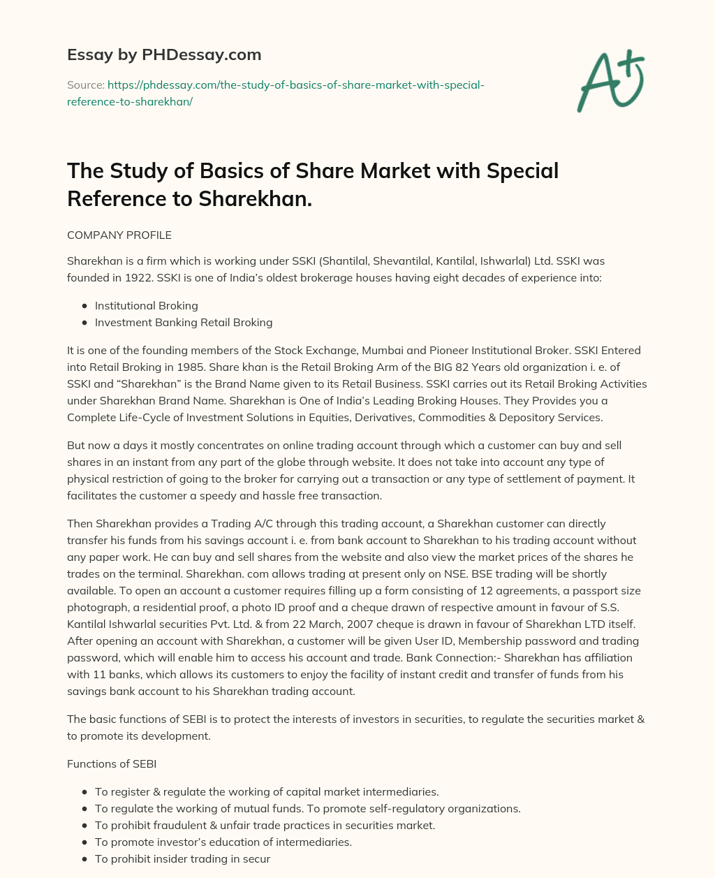 The Study of Basics of Share Market with Special Reference to Sharekhan. essay