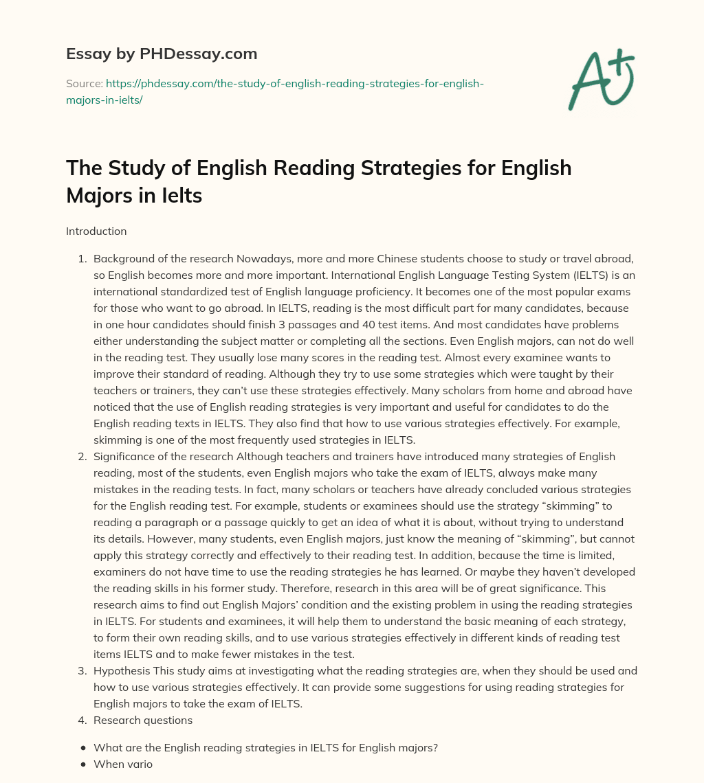 The Study of English Reading Strategies for English Majors in Ielts essay