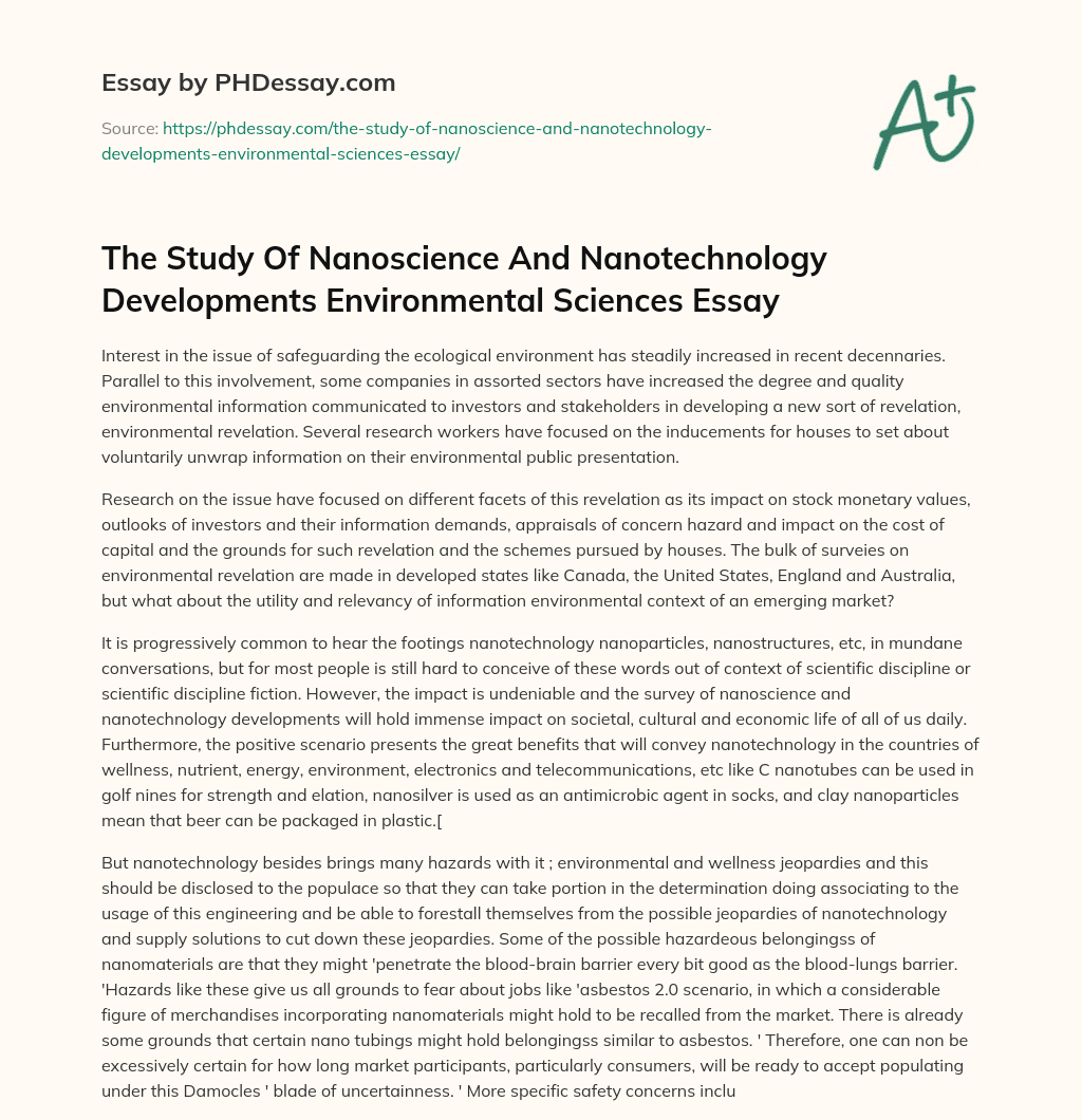 The Study Of Nanoscience And Nanotechnology Developments Environmental Sciences Essay essay