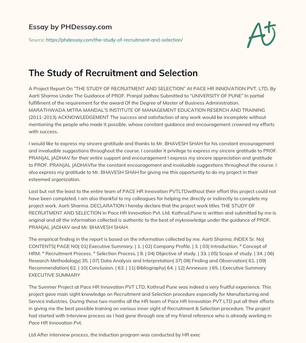 The Study of Recruitment and Selection essay