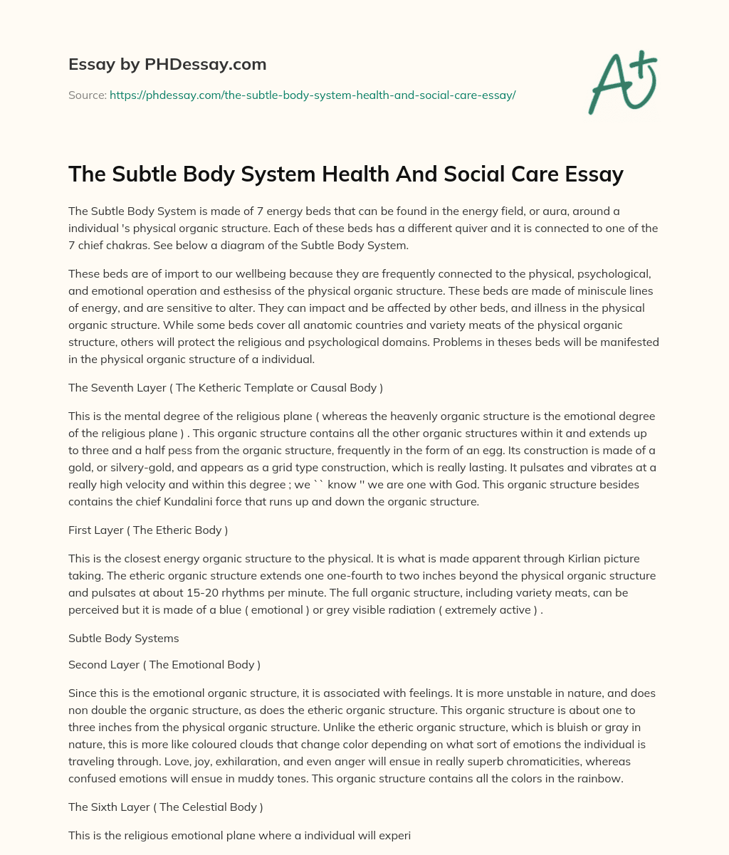 The Subtle Body System Health And Social Care Essay essay