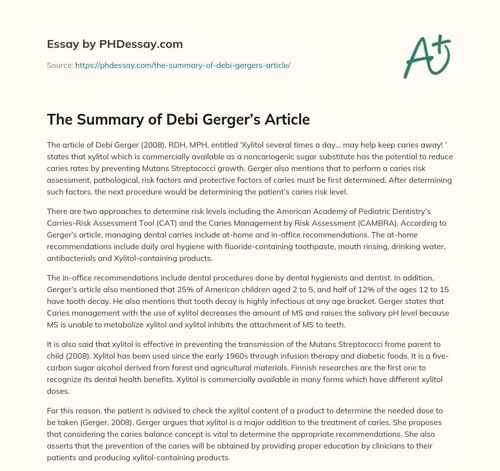 The Summary of Debi Gerger’s Article essay