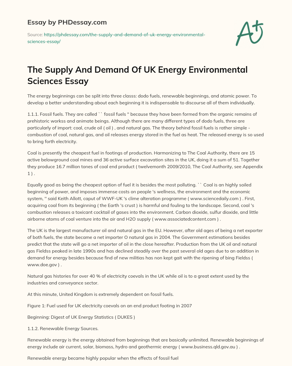 The Supply And Demand Of UK Energy Environmental Sciences Essay essay