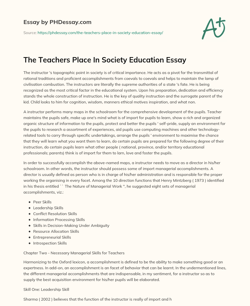 The Teachers Place In Society Education Essay essay