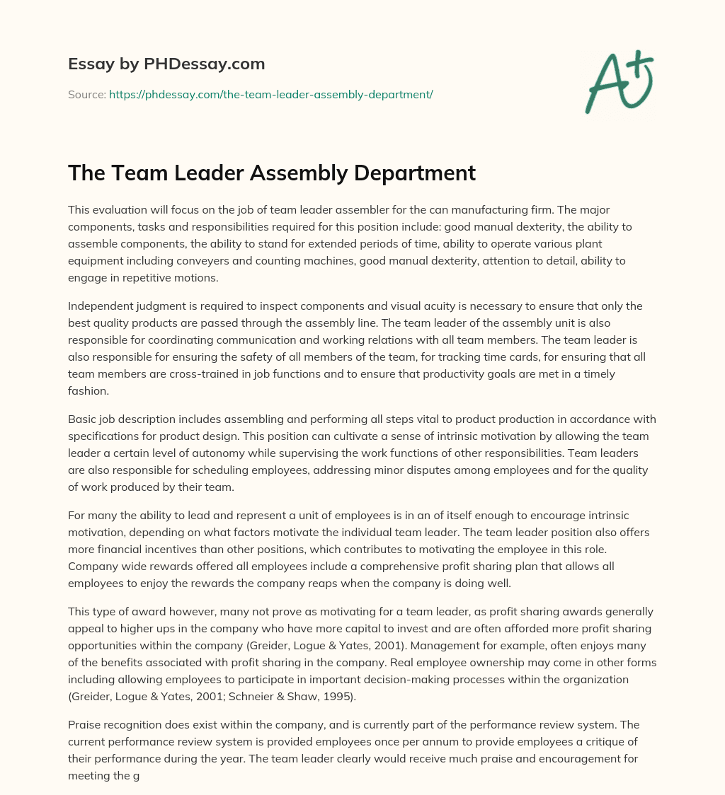 The Team Leader Assembly Department essay