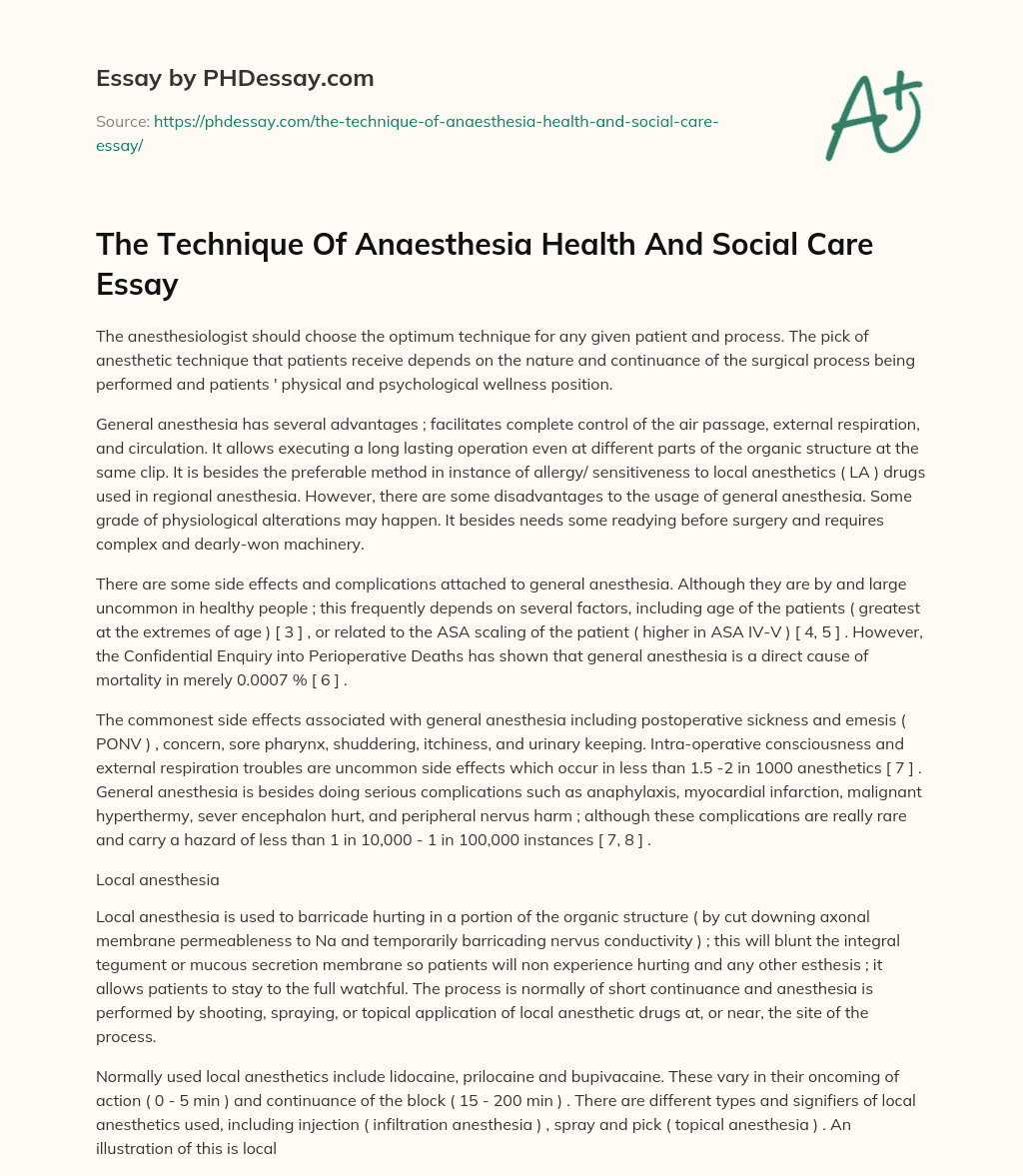 The Technique Of Anaesthesia Health And Social Care Essay essay