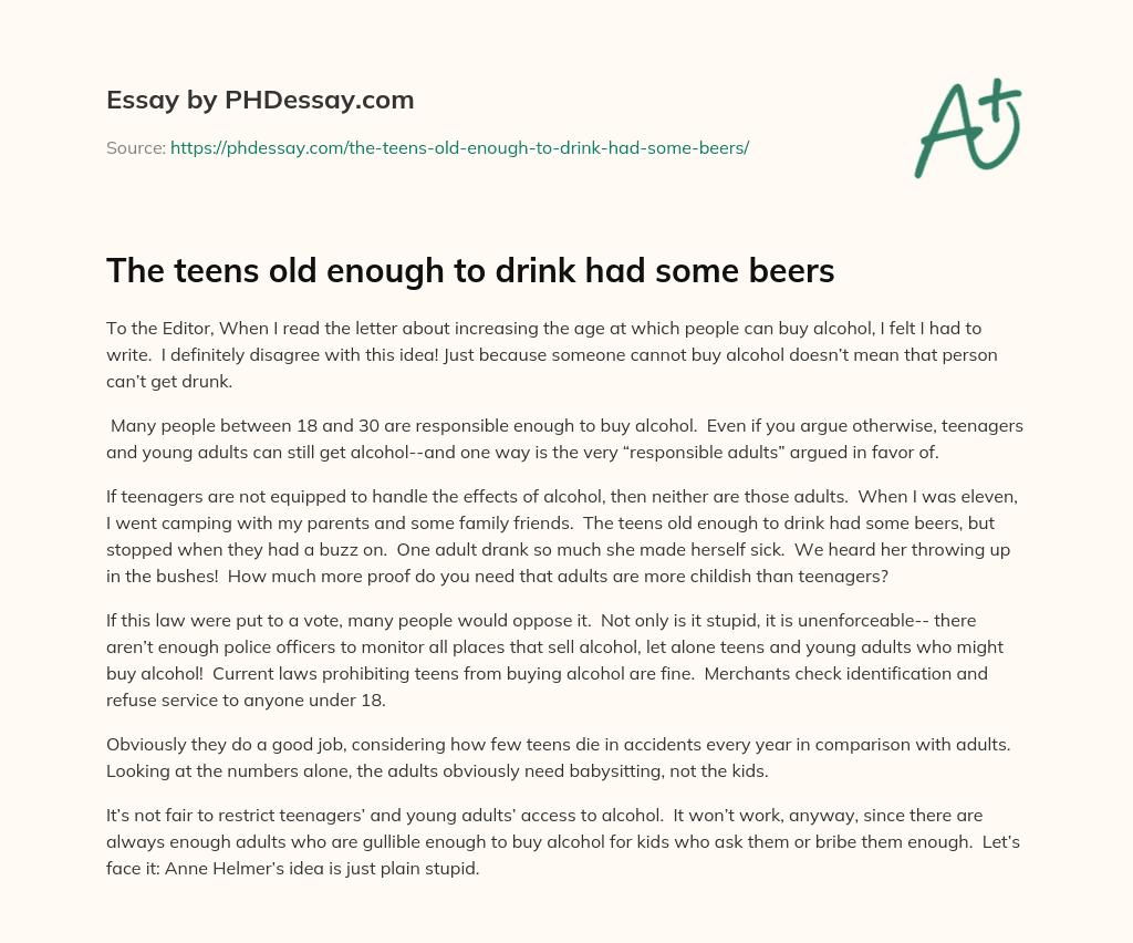 The teens old enough to drink had some beers essay
