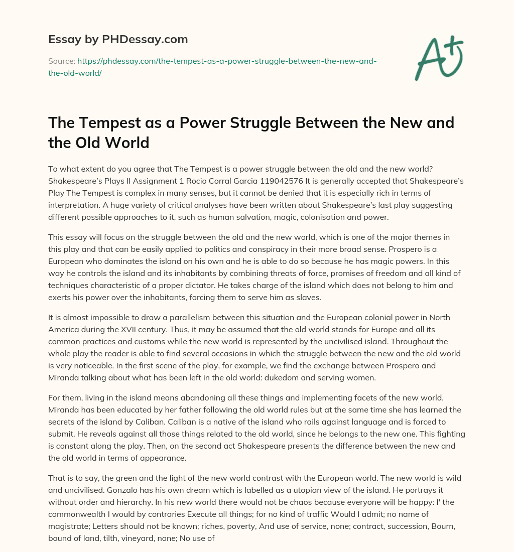 The Tempest as a Power Struggle Between the New and the Old World essay