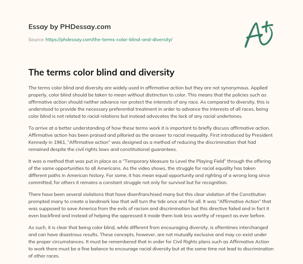 The terms color blind and diversity essay