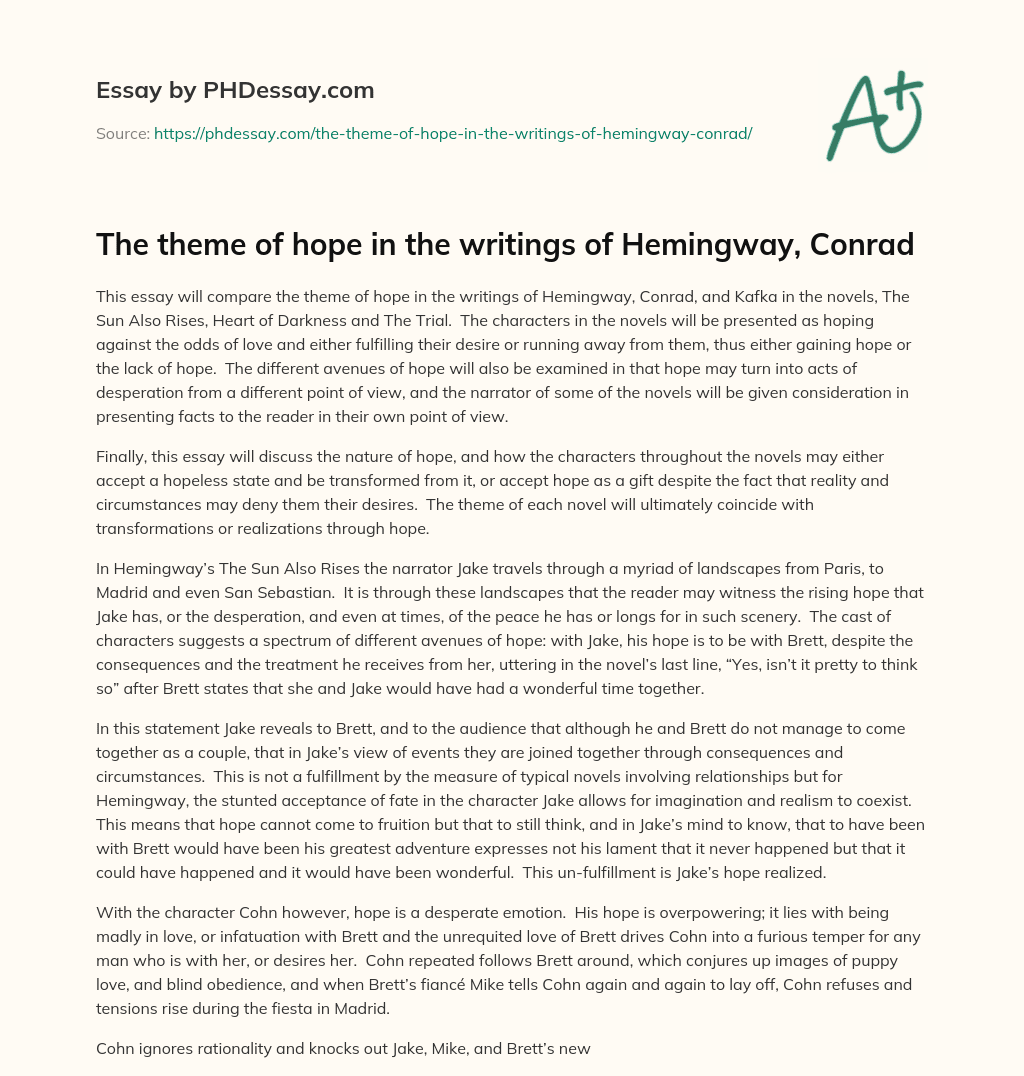 The theme of hope in the writings of Hemingway, Conrad essay