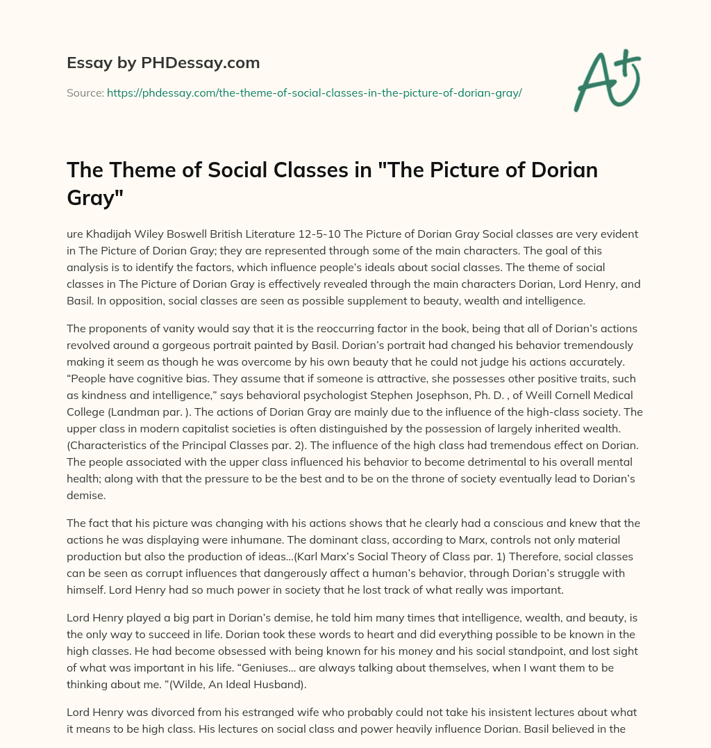 The Theme of Social Classes in “The Picture of Dorian Gray” essay
