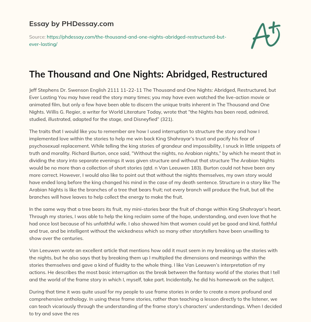 The Thousand and One Nights: Abridged, Restructured essay