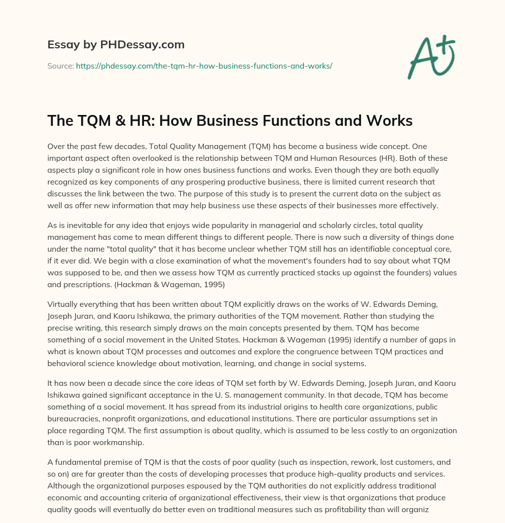 The TQM & HR: How Business Functions and Works essay
