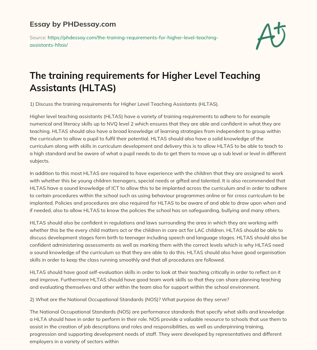 The training requirements for Higher Level Teaching Assistants (HLTAS) essay