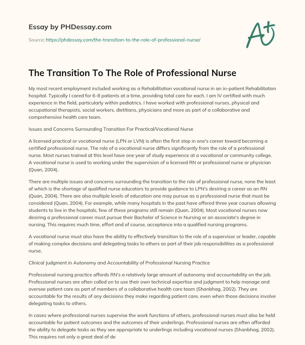 The Transition To The Role of Professional Nurse essay