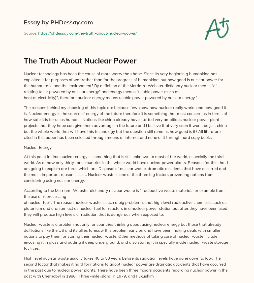 The Truth About Nuclear Power - PHDessay.com