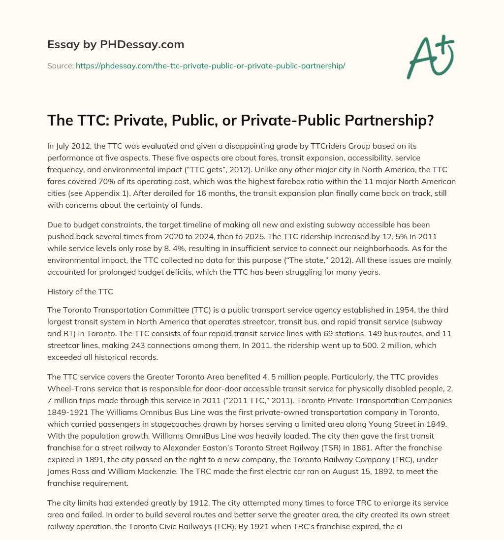The TTC: Private, Public, or Private-Public Partnership? essay