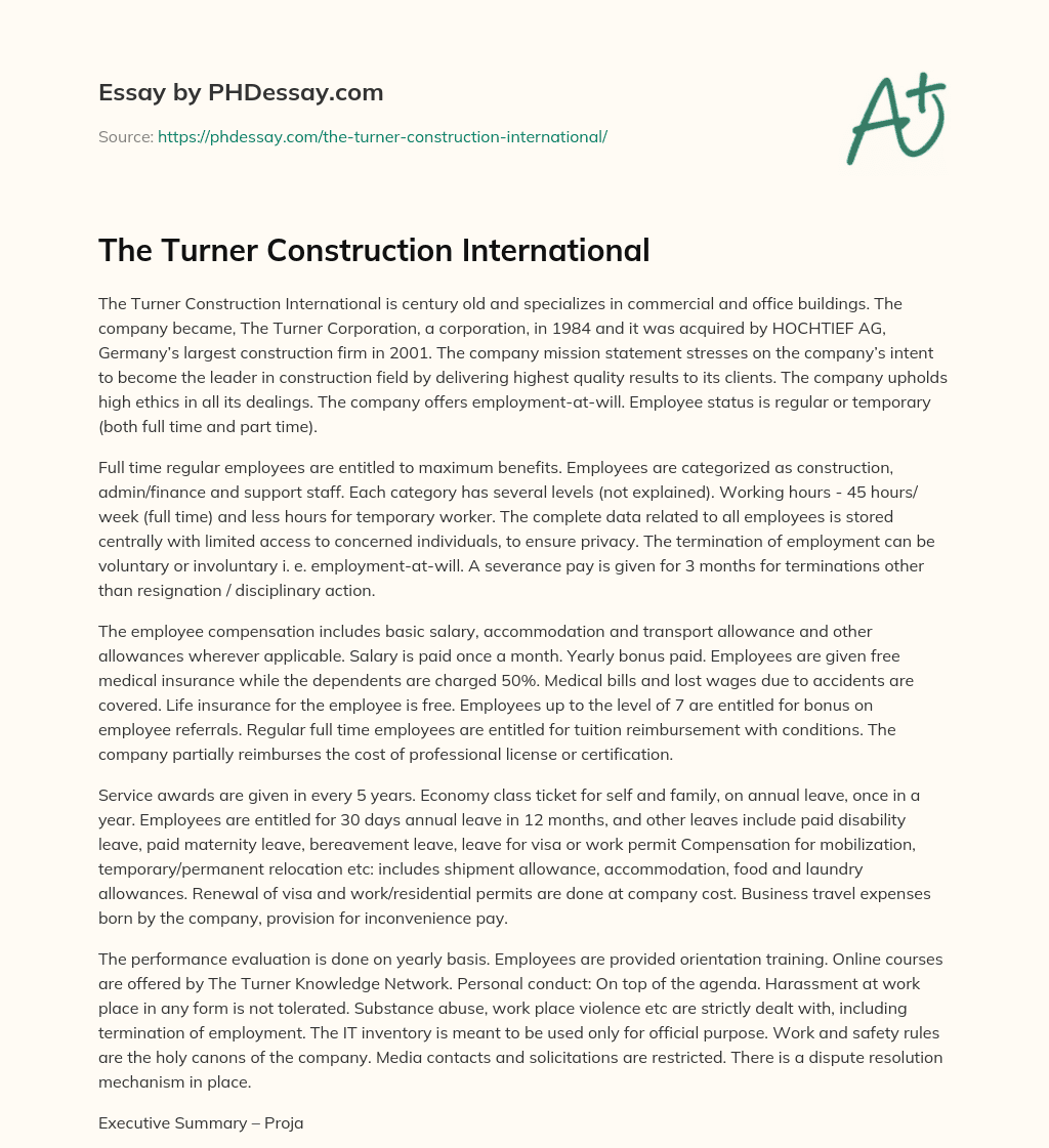 The Turner Construction International essay