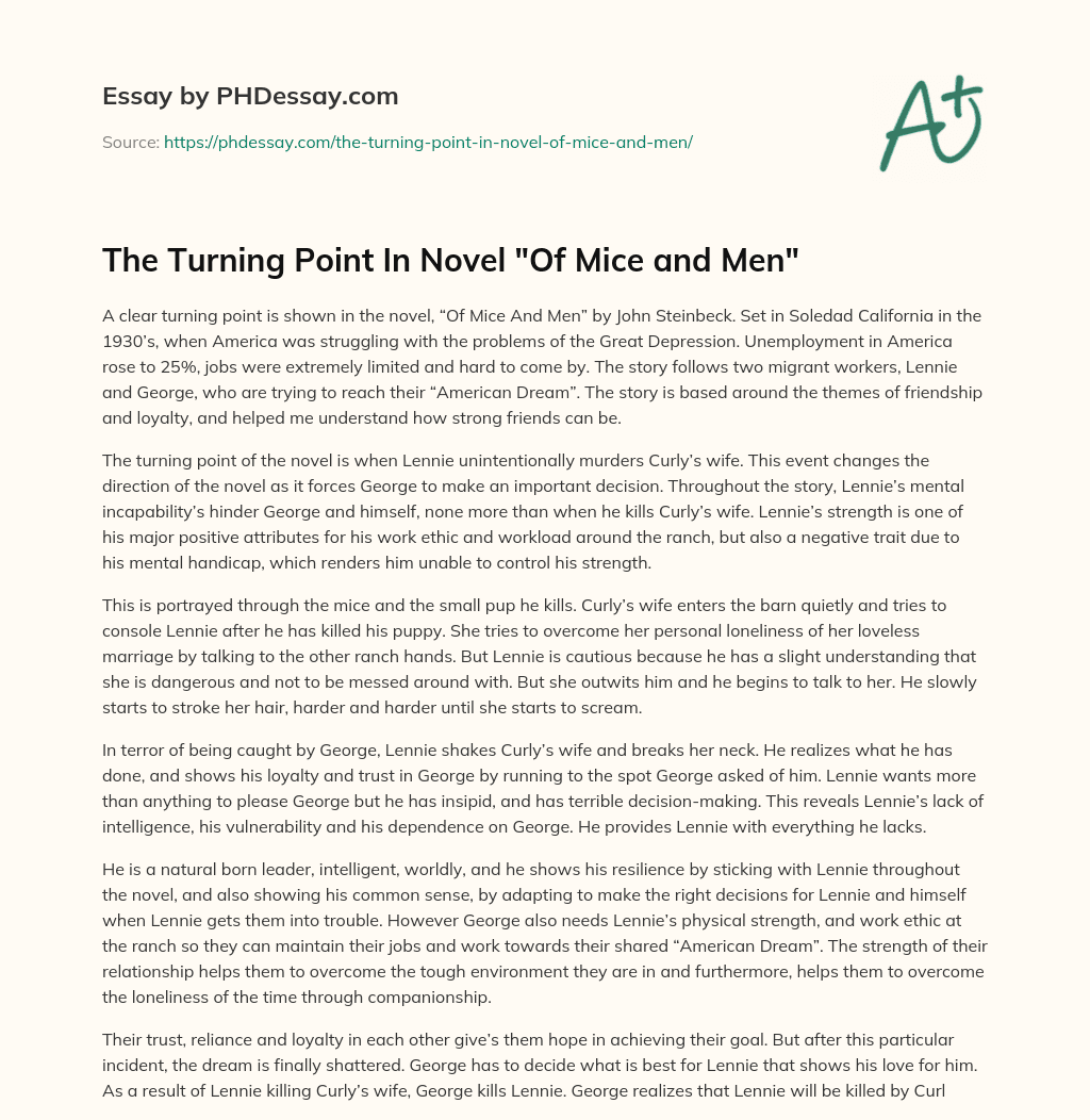 The Turning Point In Novel “Of Mice and Men” essay