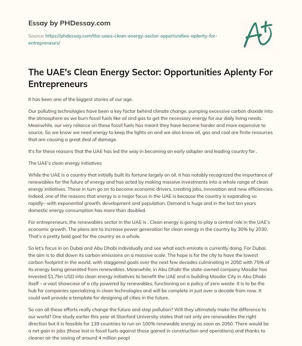 The UAE’s Clean Energy Sector: Opportunities Aplenty For Entrepreneurs essay