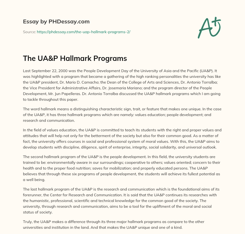 The UA&P Hallmark Programs essay