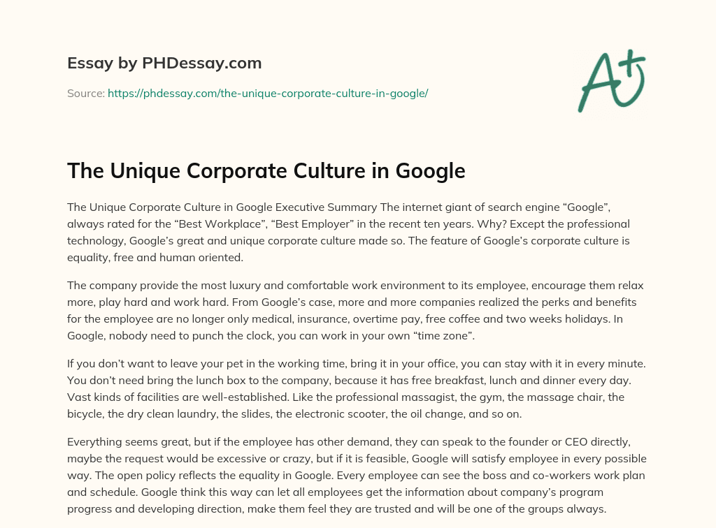 The Unique Corporate Culture in Google essay