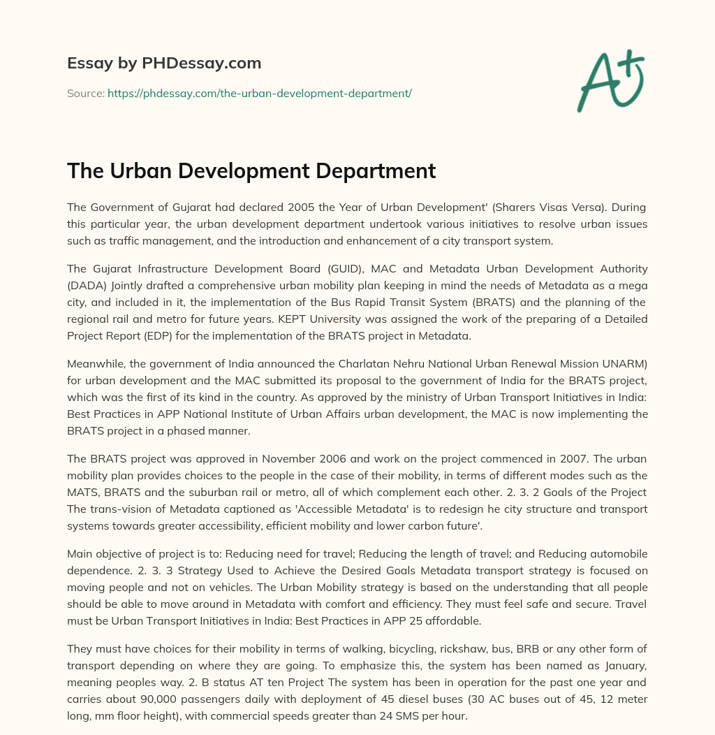 The Urban Development Department essay