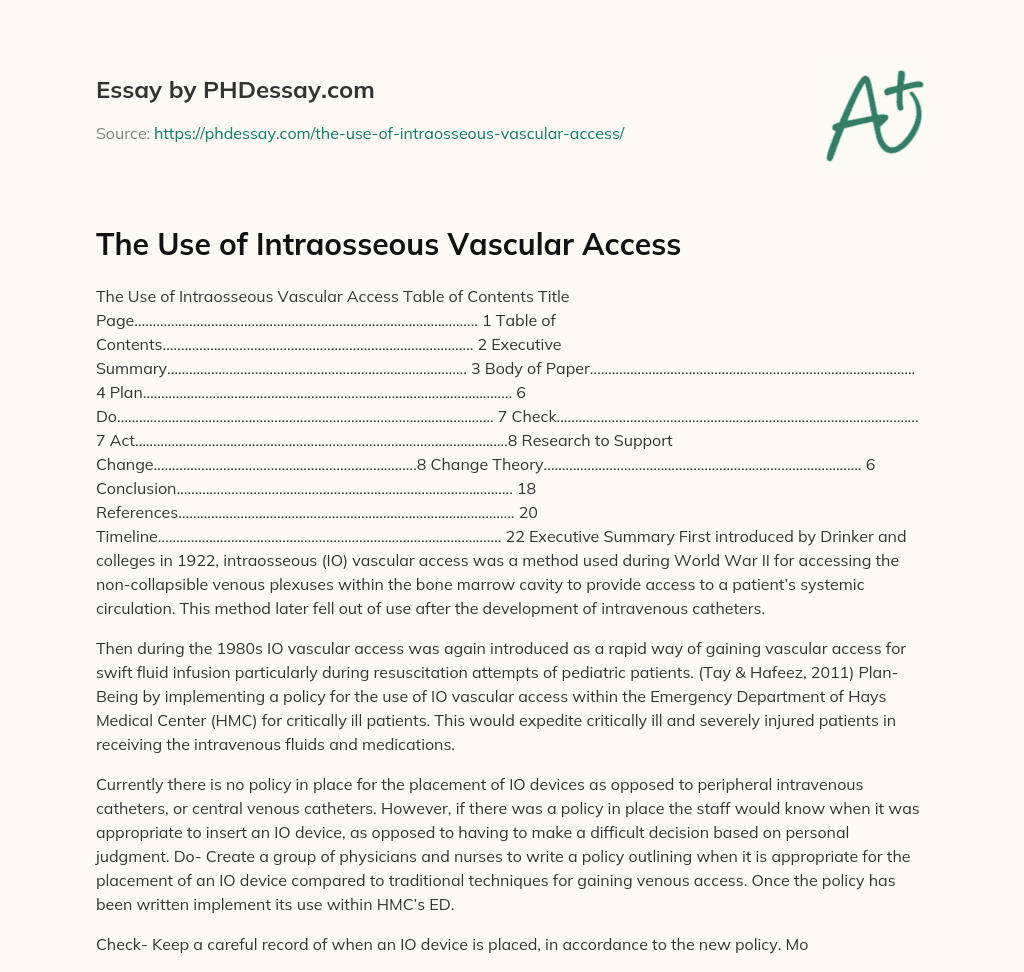 The Use of Intraosseous Vascular Access essay