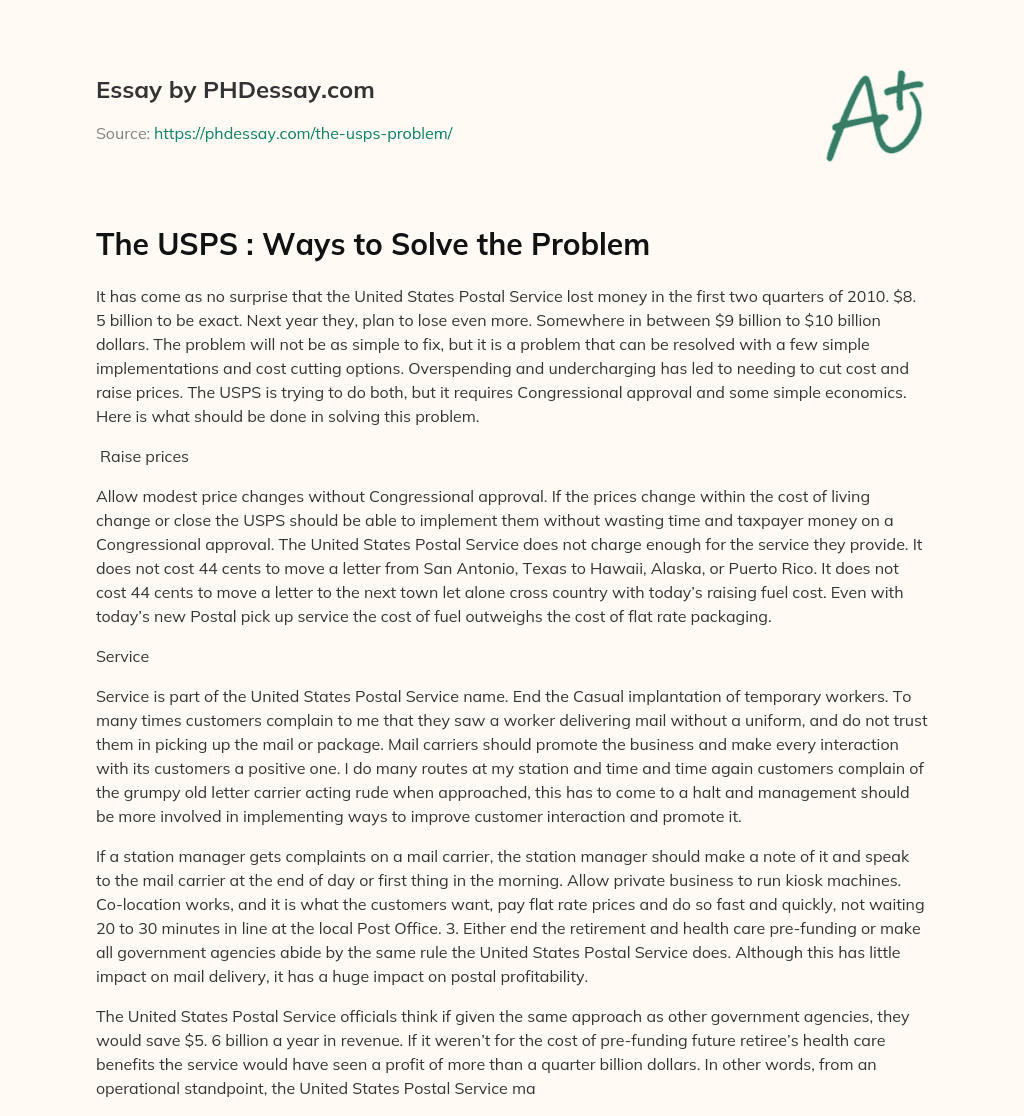 The USPS : Ways to Solve the Problem essay