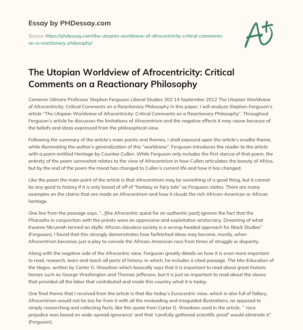 The Utopian Worldview of Afrocentricity: Critical Comments on a Reactionary Philosophy essay
