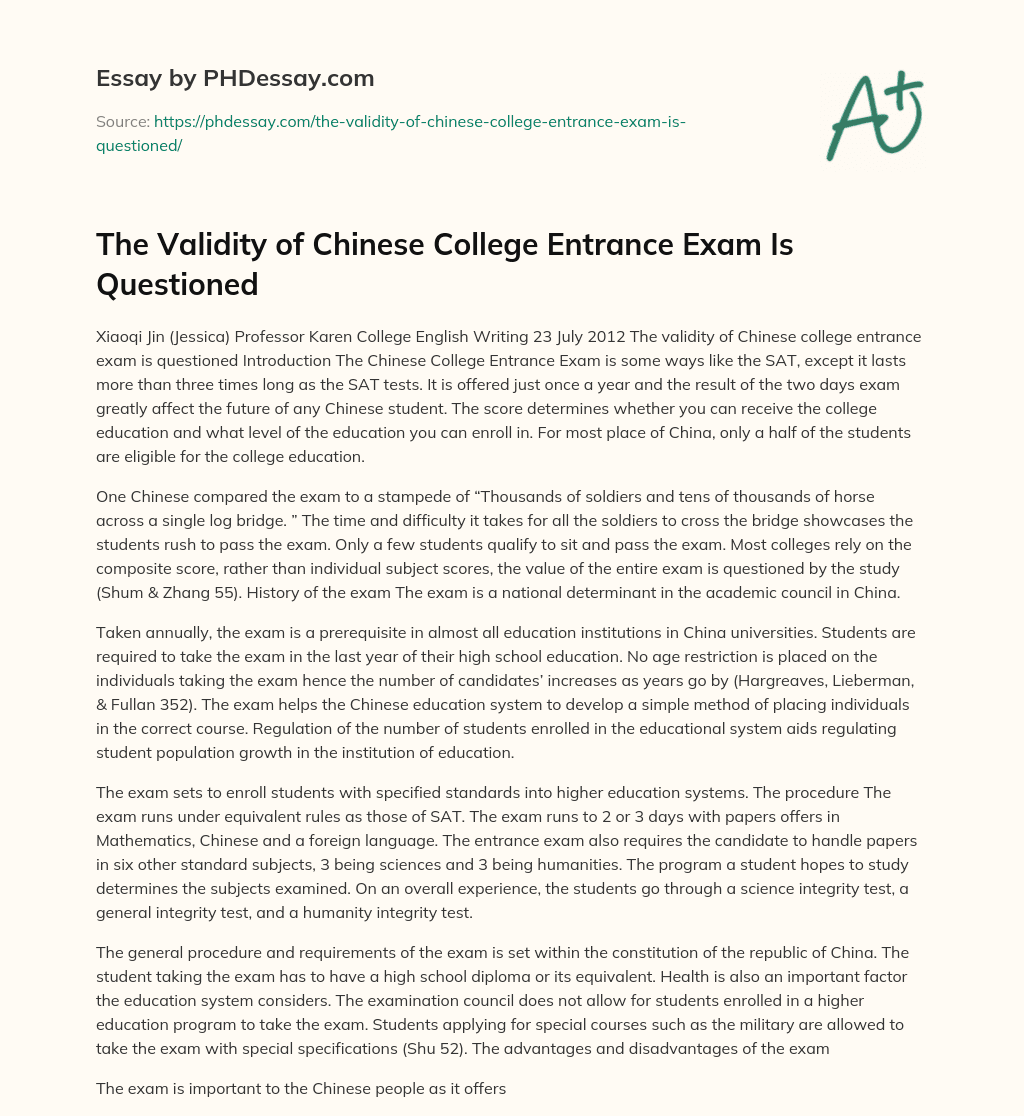 The Validity of Chinese College Entrance Exam Is Questioned essay