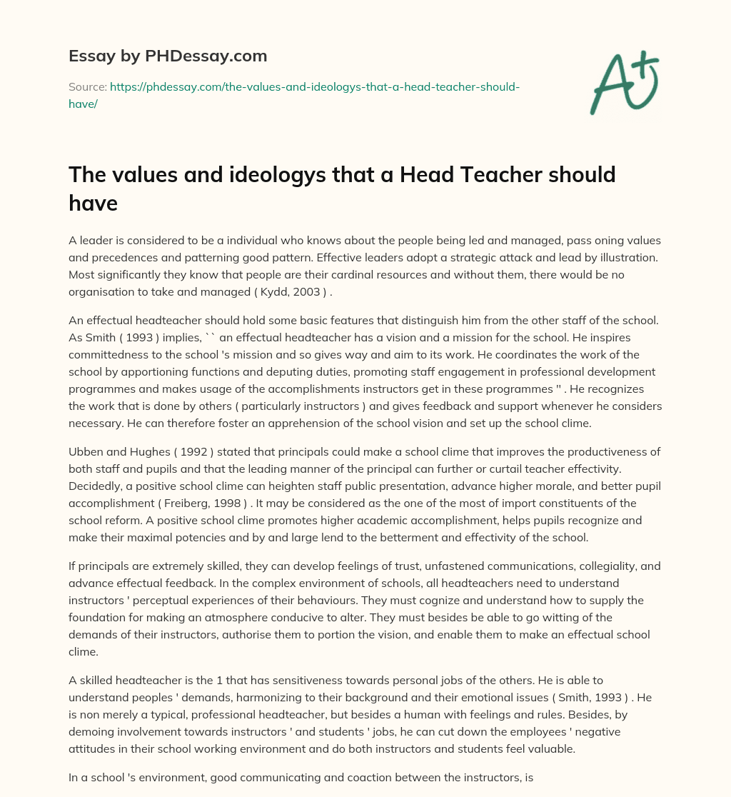 The values and ideologys that a Head Teacher should have essay