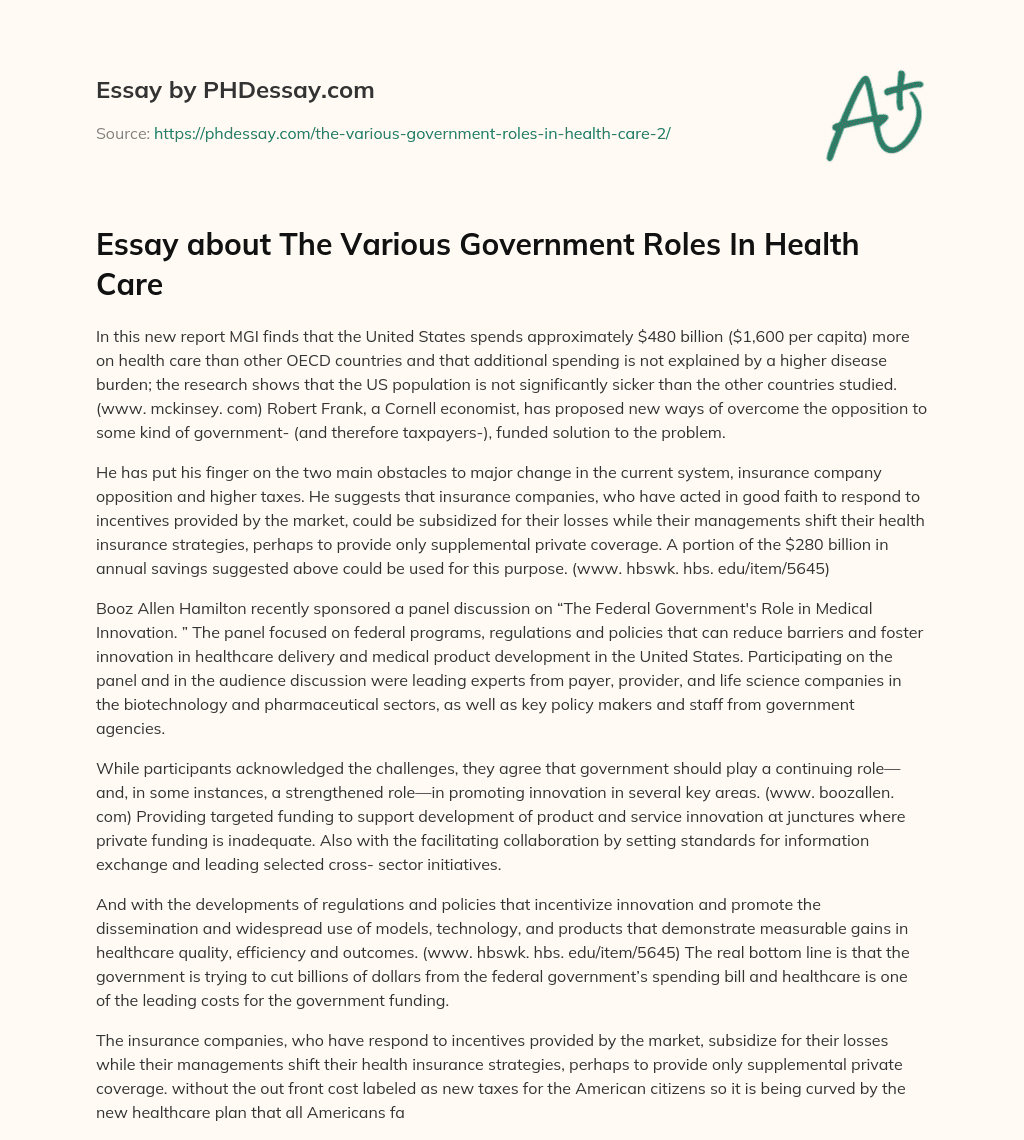 Essay about The Various Government Roles In Health Care essay