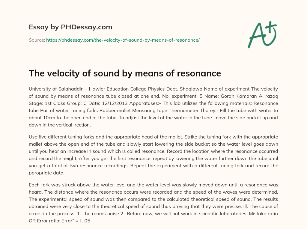 The velocity of sound by means of resonance essay