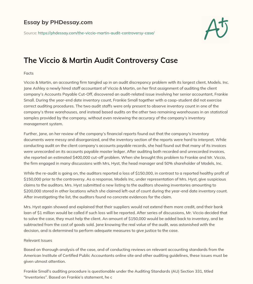 The Viccio & Martin Audit Controversy Case essay