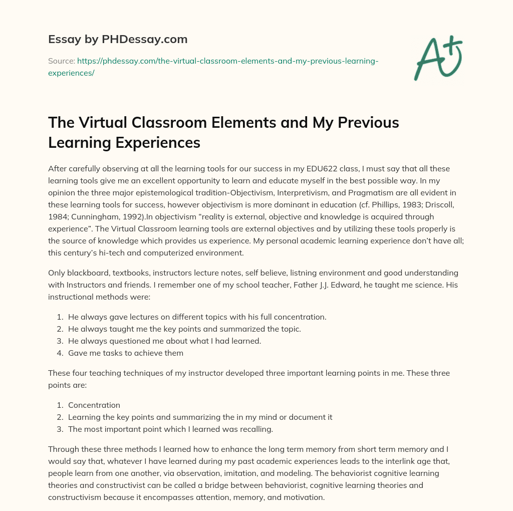 The Virtual Classroom Elements And My Previous Learning Experiences ...