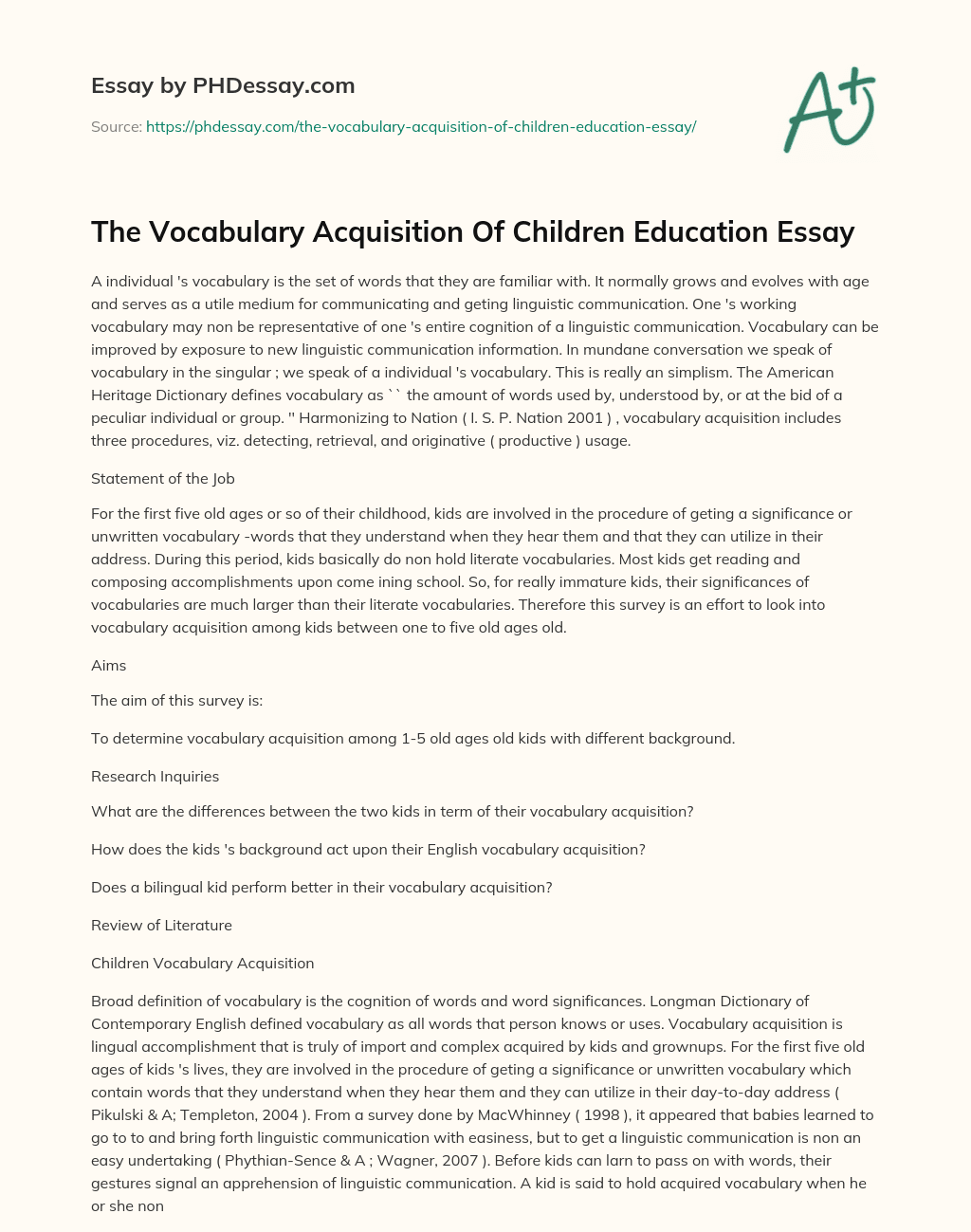 The Vocabulary Acquisition Of Children Education Essay essay