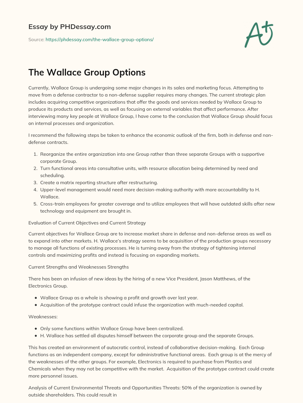 The Wallace Group Options essay