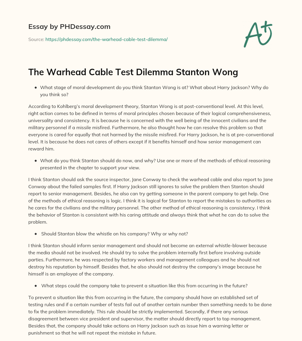 The Warhead Cable Test Dilemma Stanton Wong essay
