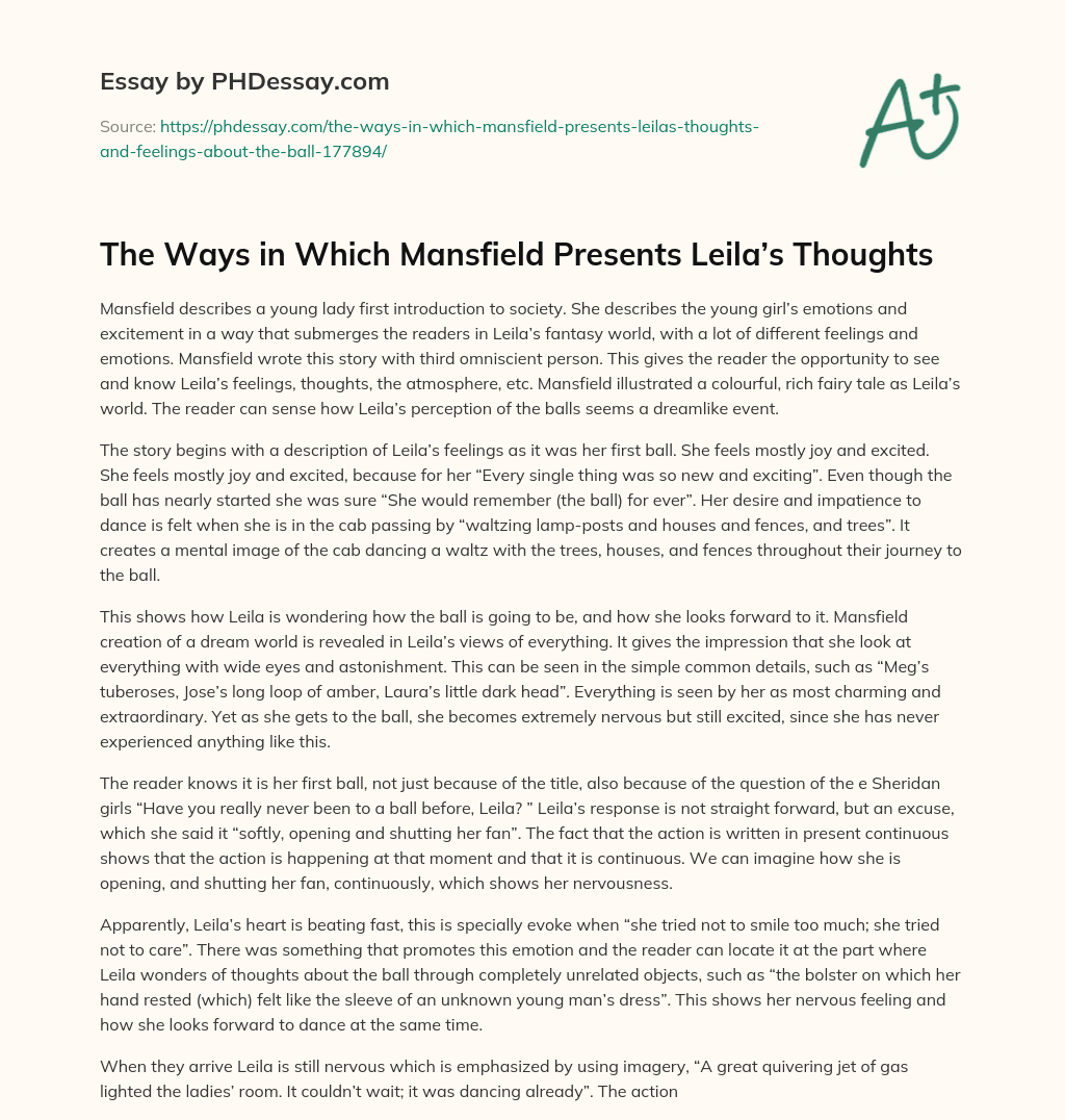 The Ways in Which Mansfield Presents Leila’s Thoughts essay
