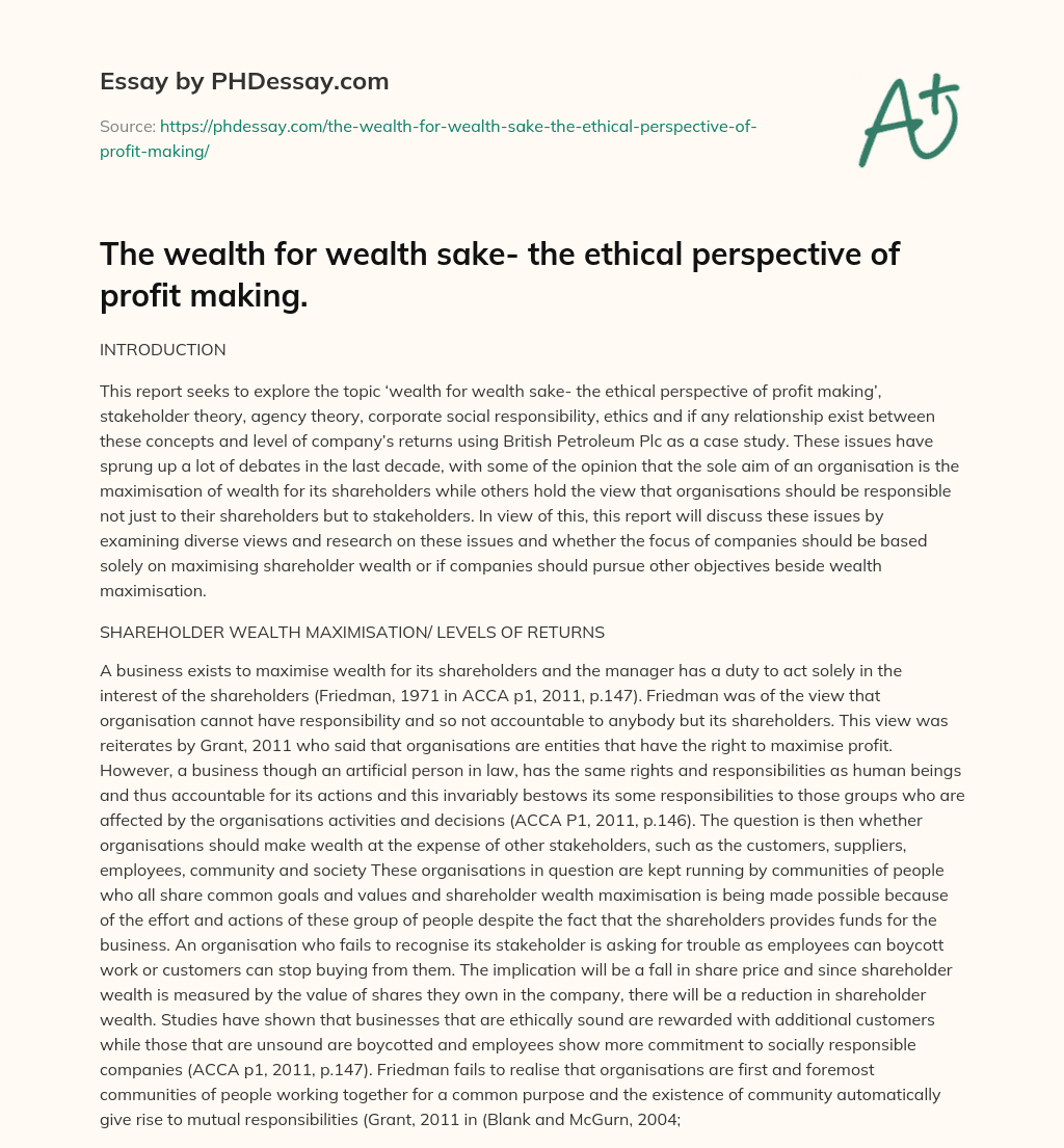 The wealth for wealth sake- the ethical perspective of profit making. essay