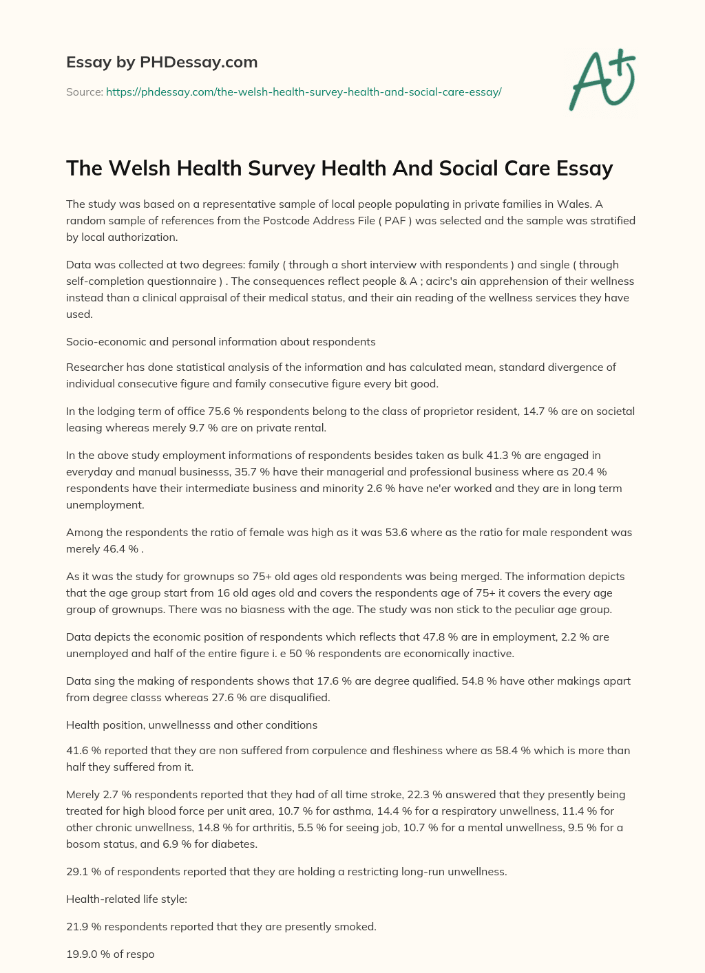 The Welsh Health Survey Health And Social Care Essay essay