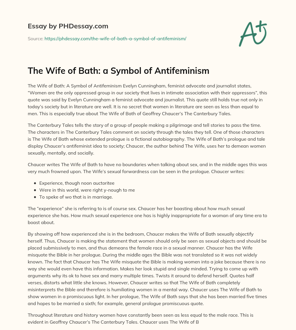 The Wife of Bath: a Symbol of Antifeminism essay