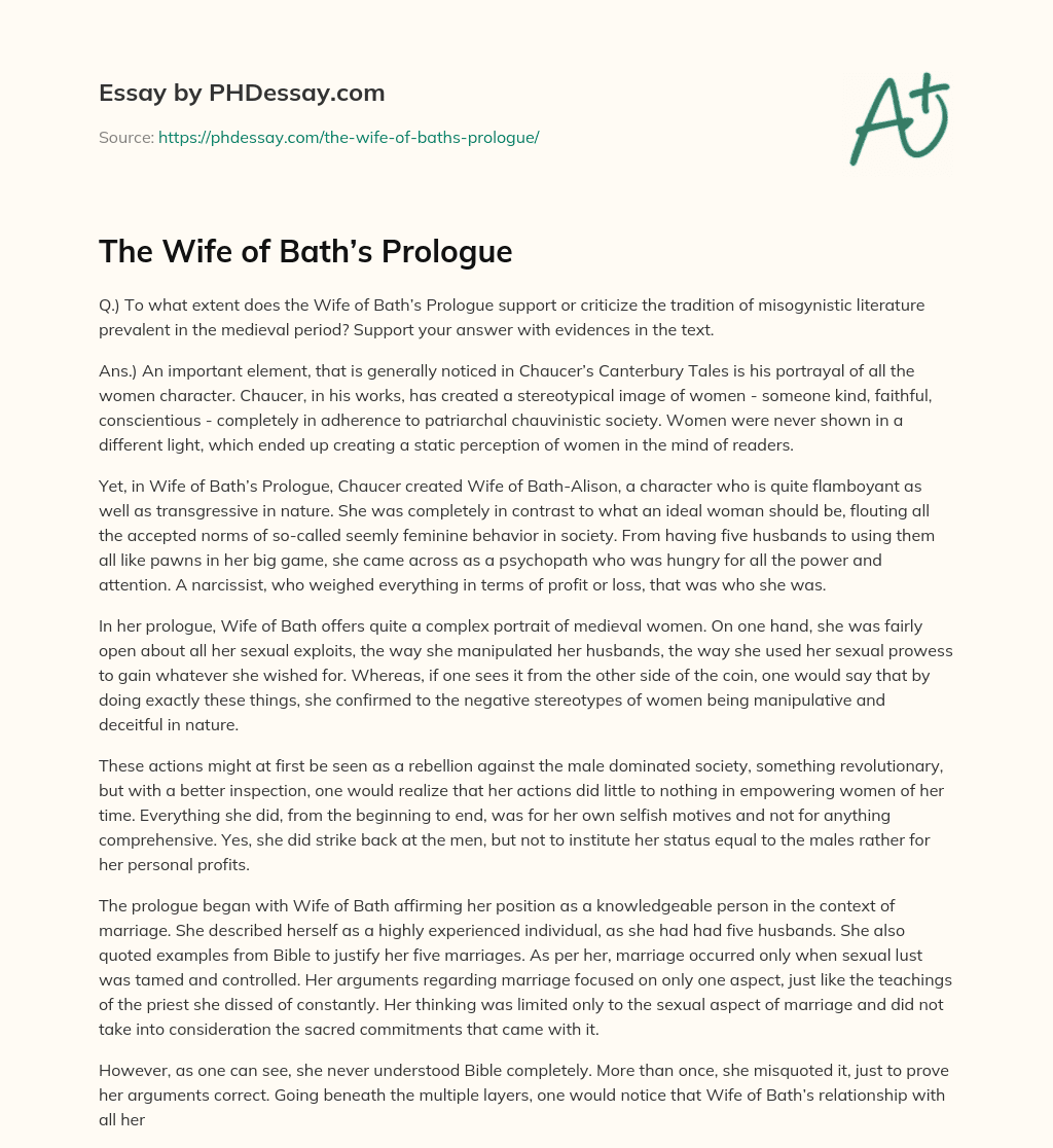 The Wife of Bath’s Prologue essay