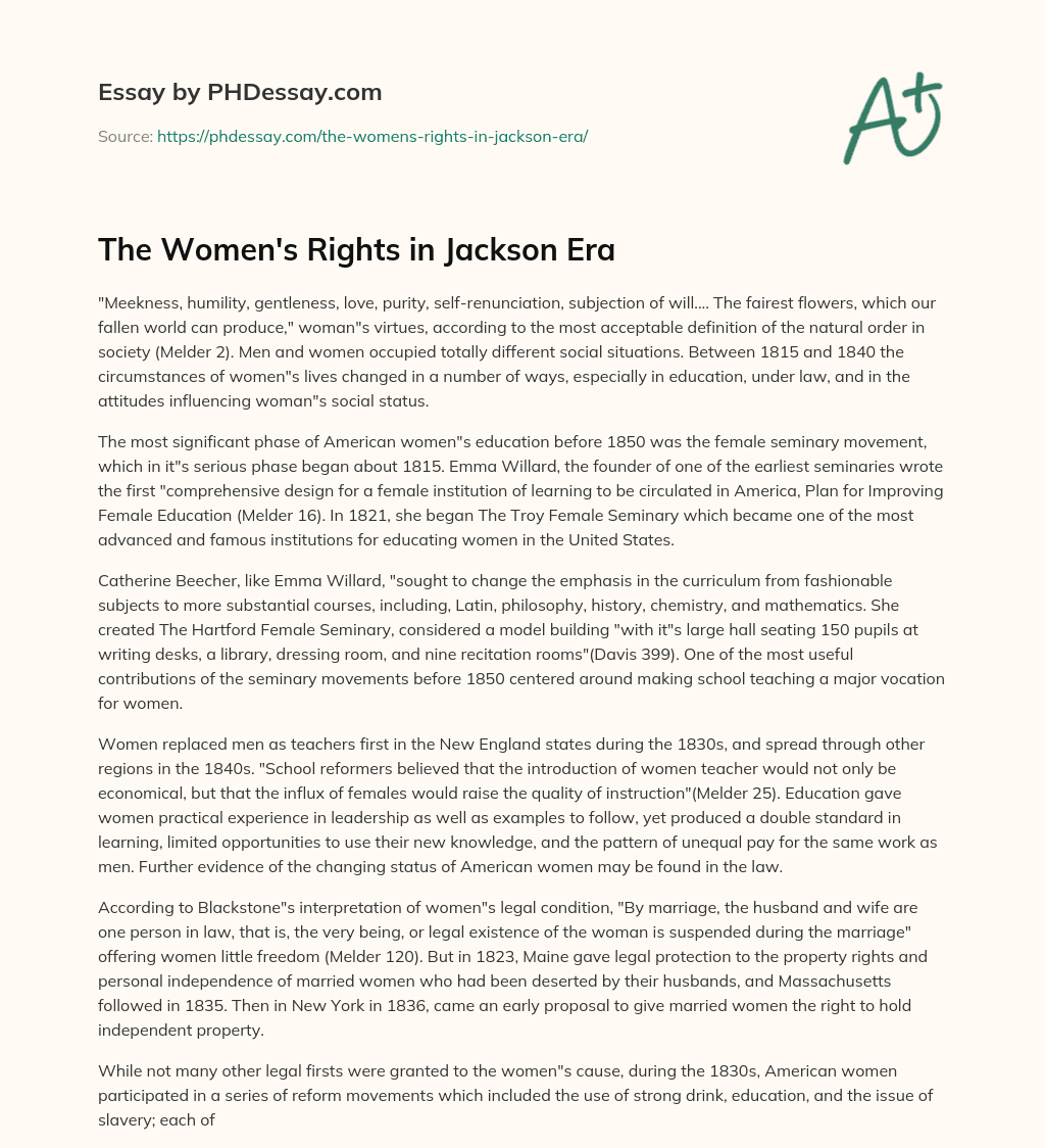 The Women’s Rights in Jackson Era essay