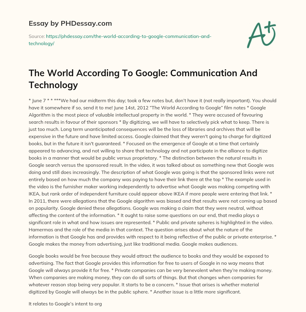 The World According To Google: Communication And Technology essay