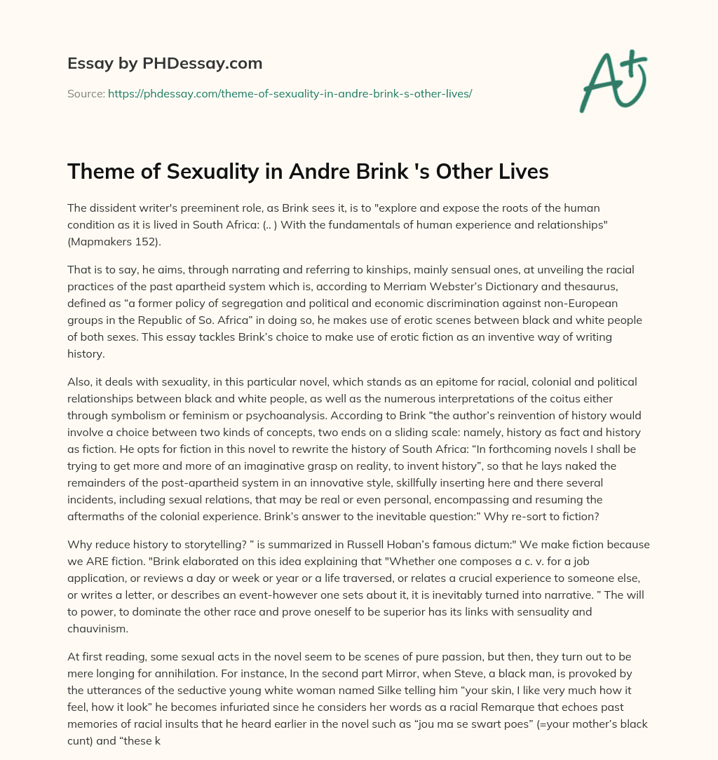 Theme of Sexuality in Andre Brink ‘s Other Lives essay