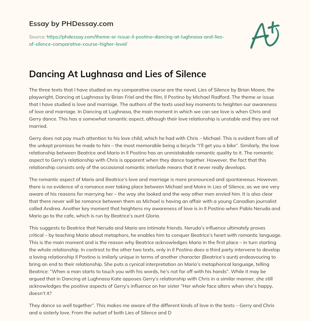 Dancing At Lughnasa and Lies of Silence essay