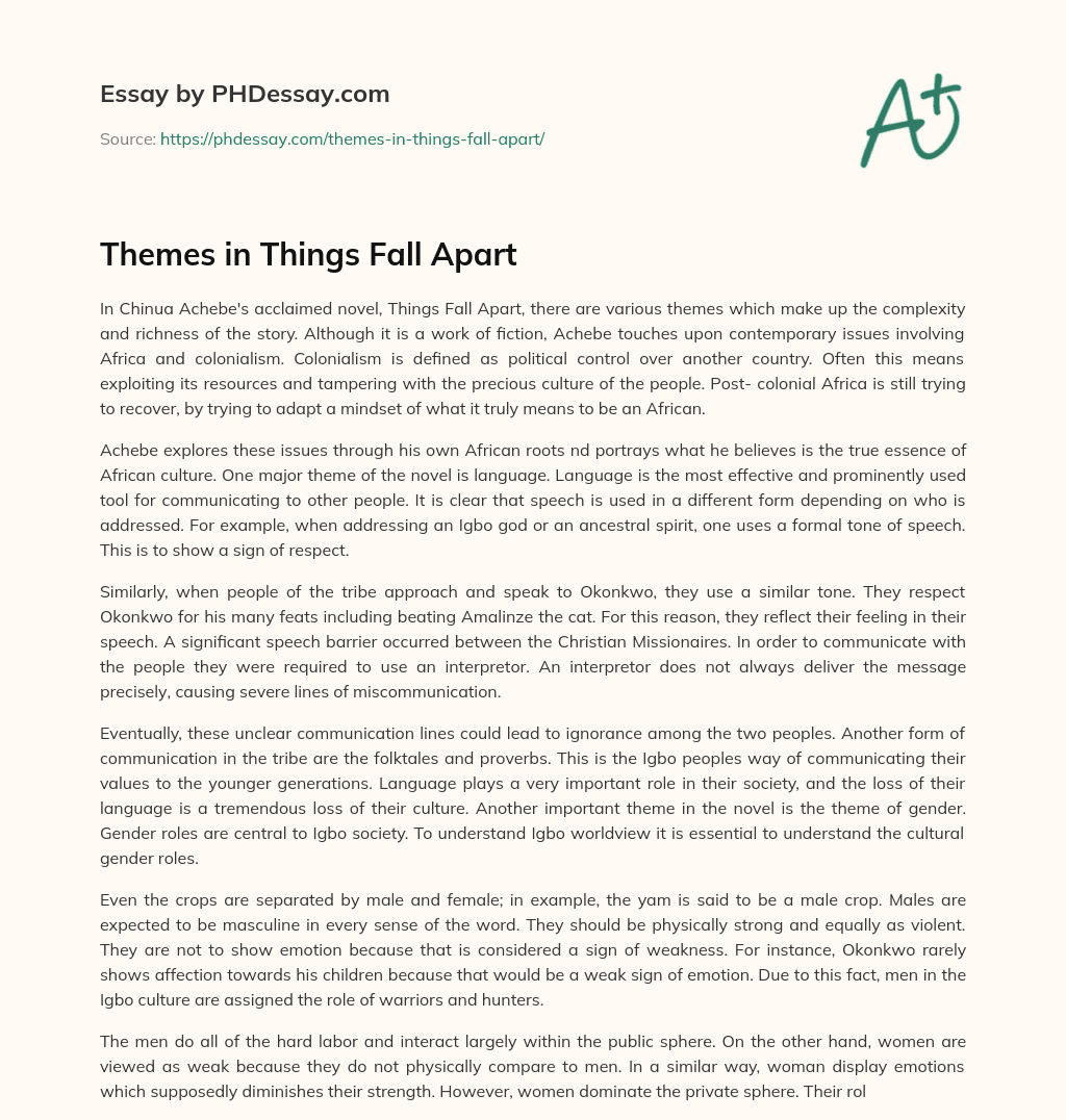 Themes In Things Fall Apart Essay Example - Phdessay.com